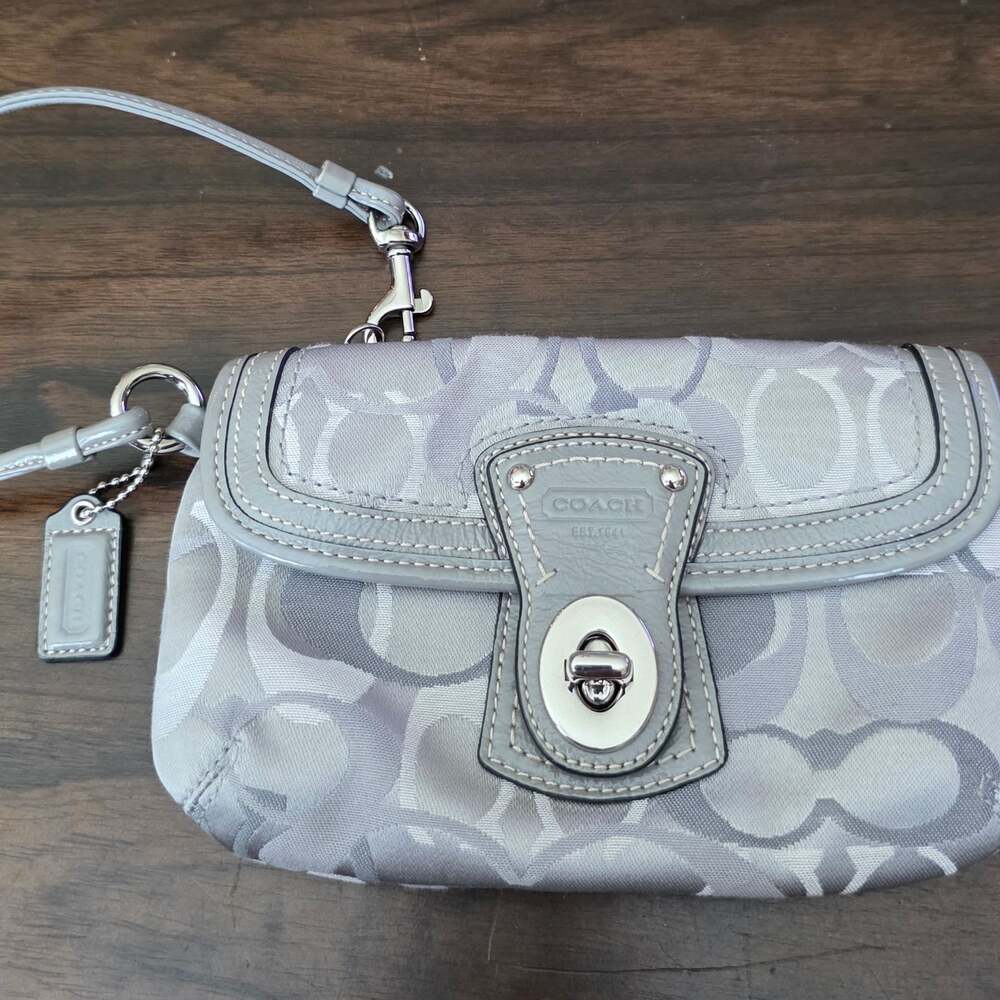 Coach Signature Optic Gray Wristlet with Turnlock Flap